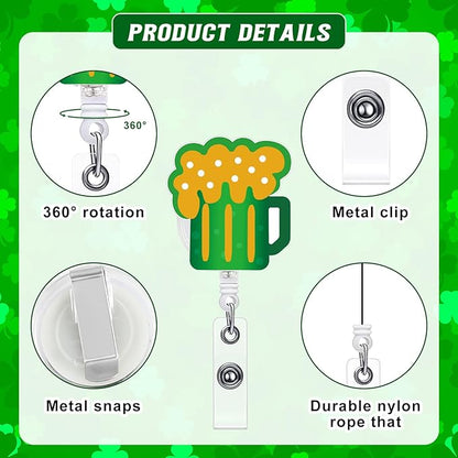 NACHLYNN 8 Pcs St. Patrick's Day Acrylic Retractable Badge Reels Cute Felt Nurse Badge Reel Holders Name ID Accessories with Retractable Cord for Teacher Student Nurses Gifts