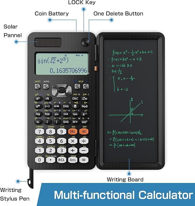 Upgraded 991ES Plus Desktop Scientific Calculator, ROATEE CalcNote Multiview 4-Line Display with Erasable LCD Writing Tablet, Solar Battery Power with Notepad for School and Business