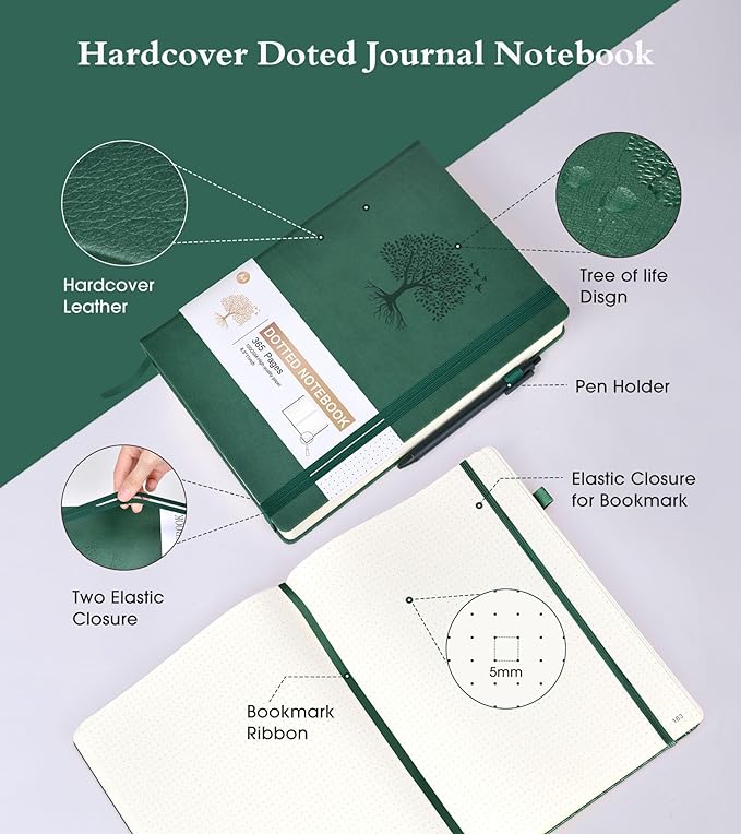 Dotted Journal Notebook, 360 Numbered Pages Dot Grid Notebooks 8.5 x 11, 100gsm Dot Paper Thick Hardcover Leather Journals for Writing Women Men, A4 Large Bullet Dotted Notebooks Green