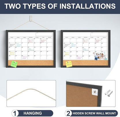 Dry Erase Calendar for Wall, 17"x13" Dry Erase Calendar Cork Board Combo, Magnetic Small White Board with Wood Framed, Hanging Dry Erase Board for Planner Office Kitchen Home Memo