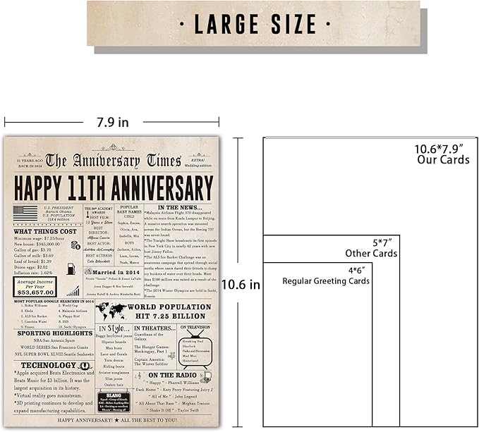 Jumbo 11th Anniversary Card for Him Her, Romantic 11 Year Wedding Gifts for Husband Wife, Steel Anniversary Card for Couple Parents