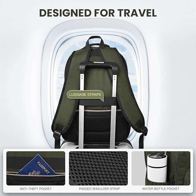 Travel Laptop Backpack for women, Work Backpack Woman with USB Charging Port, Water Resistant College Backpack, Stylish Quilted Girls Backpack Casual Daypack for 15.6 Inch Laptop, Green