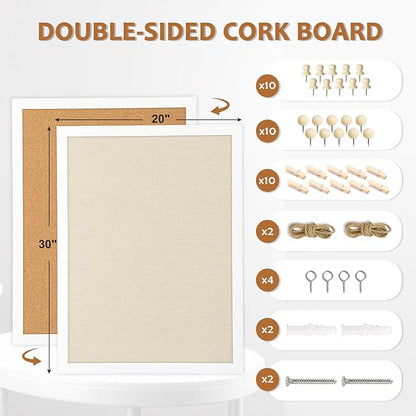 Double-Sided Large Cork Board with Linen, 30" x 20" Hanging Wood Framed Bulletin Board, Picture Display Vision Board Corkboards for Wall Room School Office Decor, 20 Pushpins,1pack