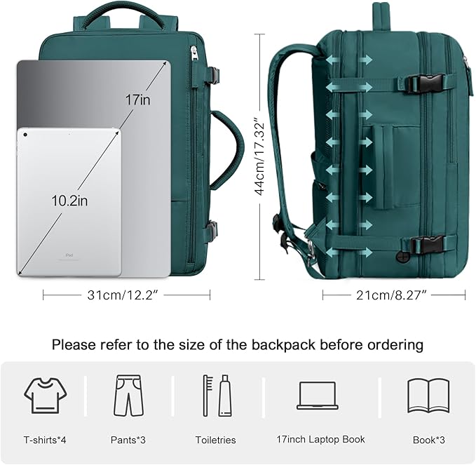 Large Backpack for Traveling Women Men, Flight-approved Carry-on Travel Backpack Bag, Personal Item Backpack Luggage on Airplanes, Travel Essentials, Peacock Blue