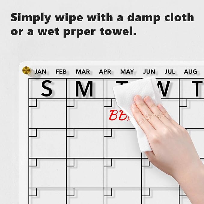 Wall Calendar (Not Magnetic), Clear Acrylic Monthly Planner White Board Dry Erase Whiteboard, w/ 8 Colors Markers, 15"x11"