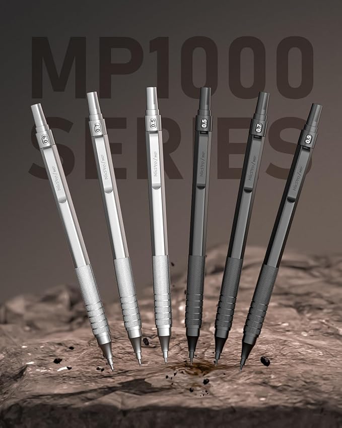 Nicpro 0.5 & 0.7 & 0.9 mm Metal Mechanical Pencil Set with Case, 6PCS MP1000 Artist Lead Pencil with 12 Tubes HB & 2B Lead Refills, 3 Erasers For Architect Art Writing Drafting Sketching Drawing