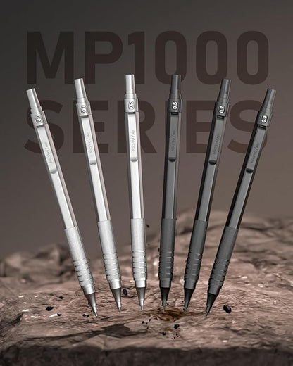 Nicpro 0.5 & 0.7 & 0.9 mm Metal Mechanical Pencil Set with Case, 6PCS MP1000 Artist Lead Pencil with 12 Tubes HB & 2B Lead Refills, 3 Erasers For Architect Art Writing Drafting Sketching Drawing