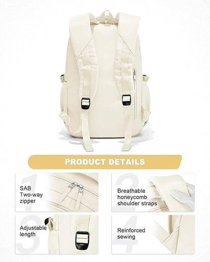 Lightweight School Backpack, College Bookbag for Boys Girls, 15.6 Inch Laptop Work Bag, Gym Backpack for Men Women, Large Capacity Waterproof Backpack for Campus School, Business, Beige