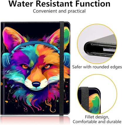 Fox Wearing Headphones Padfolio Folder with Clipboard,Portfolios Organizer Clipboards with Storage Clipboard Writing Pad PU Leather Conference Document Organizer with Business Card Holder
