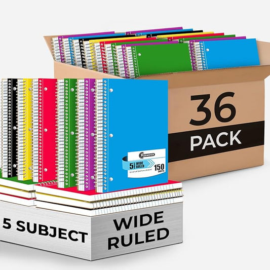 36 Pack Spiral Notebook, 5 Subject, Wide Ruled, 300 Pages/Book (150 Sheets), 8 x 10-1/2", Bulk School & Office Spiral Notebooks, Sturdy Spiral Journal Notebook, Soft Cover, Assorted Colors