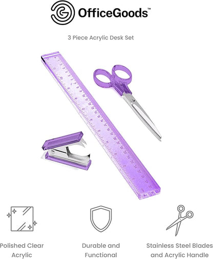 OfficeGoods 3 Piece Acrylic Desk Set - Includes Ruler, Staple Remover, Scissors - Functional & Elegant Desk Accessories - Stationery Tools for Home, Office, and School - Purple with Silver Metal