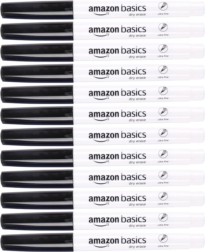 Amazon Basics Dry Erase Markers, Low Odor Ultra Fine Tip, 12-Pack, Black