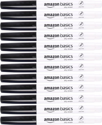 Amazon Basics Dry Erase Markers, Low Odor Ultra Fine Tip, 12-Pack, Black