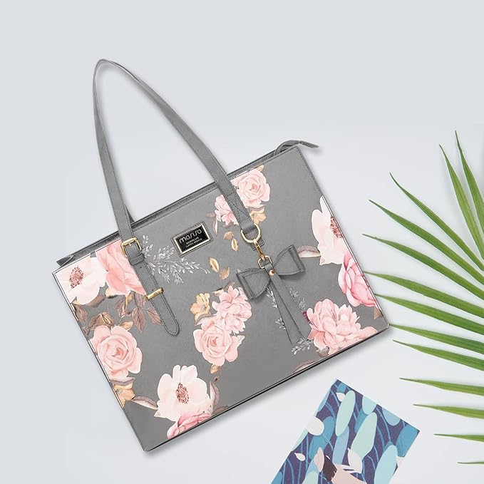 MOSISO Laptop Tote Bag Compatible with MacBook Air 15 inch M2 A2941/Pro 16 inch M3 M2 M1, 15-15.6 inch Notebook, Peony PU Leather Travel Work Briefcase with Detachable Bowknot & Small Purse, Grey