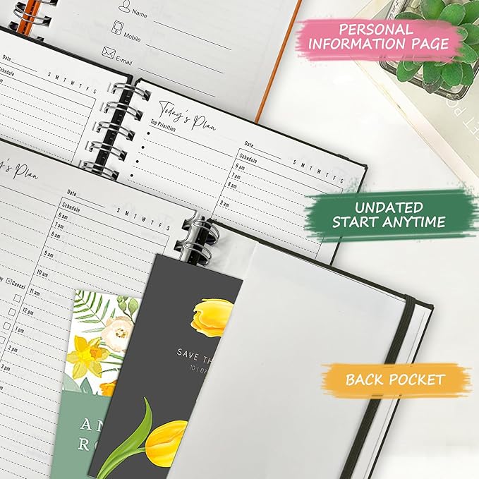 Undated Daily Planner,Undated Planner with Hourly Schedules, Daily Organizer Notebooks for work, Spiral Appointment Planner for Men and Wome, To Do List Notebook for Time Management, Elastic Closure, Pocket(Light Blue)