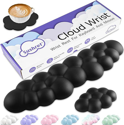 Cloud Wrist Rest Keyboard, Cloud Palm Rest Set with PU Leather Memory Foam, Cute Keyboard Rest for Wrist Support and Arm Rest, Desk Cloud Wrist Pad for PC/Gaming/Hand Cushion/Computer-Black
