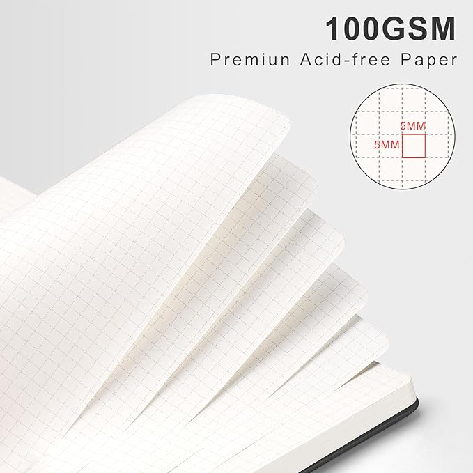 AHGXG Graph Paper Notebook - Spiral Notebook Hardcover Leather Journal 140 Pages, B5 Large Grid Notebook 7.6" x 10", 100 gsm Thick Paper, for School Writing Graphing Engineering Math, Black