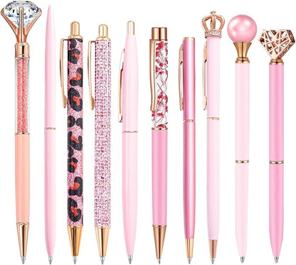 10 Pcs ballpoint pens for journaling,Metal Crystal Diamond pink Pen Glitter,Black Ink Pretty Cute Fancy Pens Gifts for Women Girls Wedding Birthday School Office Desk