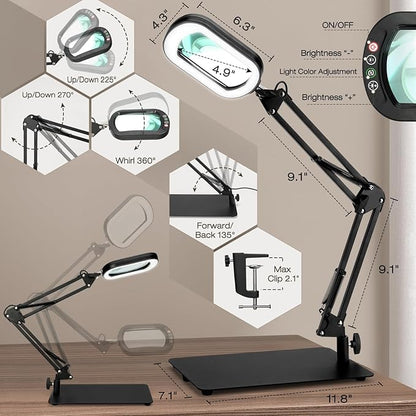 10X Square Magnifying Glass with Light and Stand, Real Glass 5 Color Modes, Brightness Stepless Dimming Lighted Magnifier Hands Free, 2-in-1 Desk Lamp with Clamp for Close Work, Crafts, Hobby, Reading