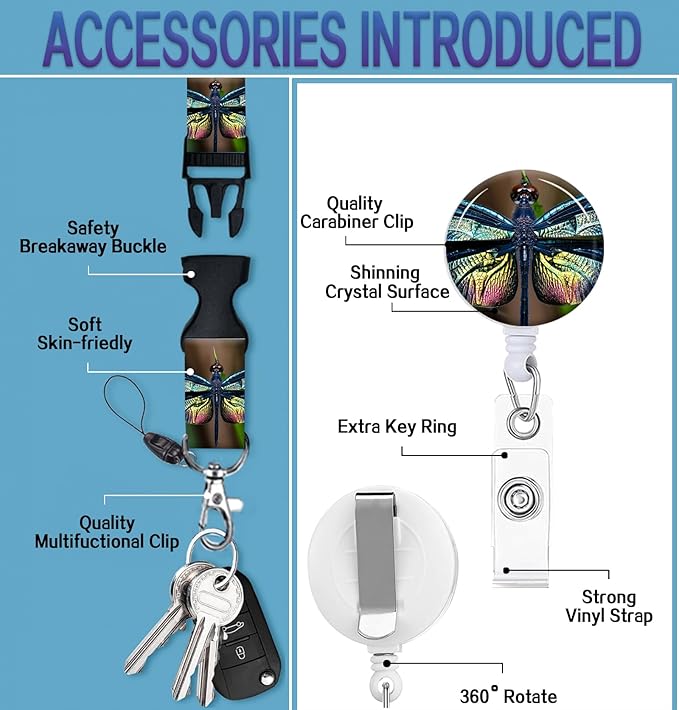 ID Badge Holder with Retractable Lanyard and Keychain, Badge Reel with Rotate Carabiner Clip,Cute Dragonfly Card Name Tag Lanyard ID Protector Bage Clips for Student, Women, Office