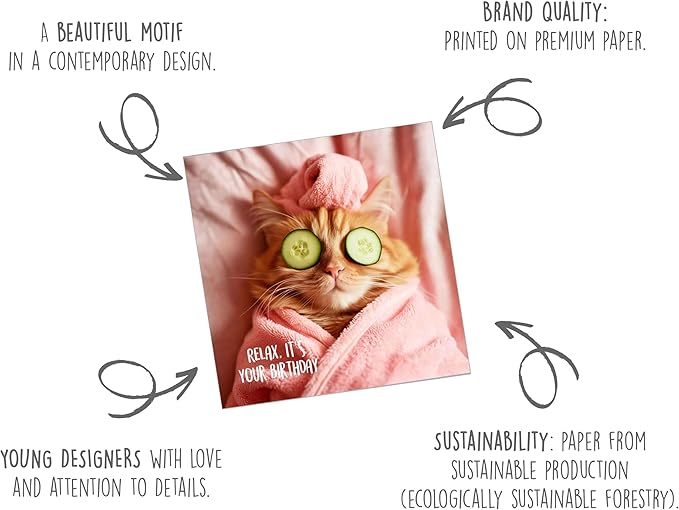 Premium Square Birthday Card with Envelope. Greeting Happy Birthday for Her Woman Mum Female Girl Friend Colleague Teenager Cool Cat Relax neutral (GQ150 SW024)