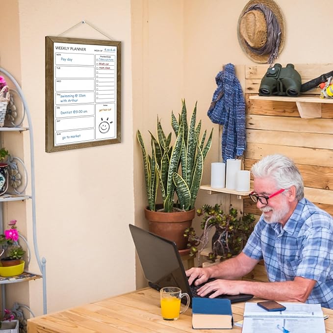 Dry Erase White Board Weekly Calendar Board, Magnetic Whiteboard for Wall,13“x17 Solid Wood Rustic Brown Framed Message Board, Planner Board for Office, Home, School(Weekly-BB-RB-3343)