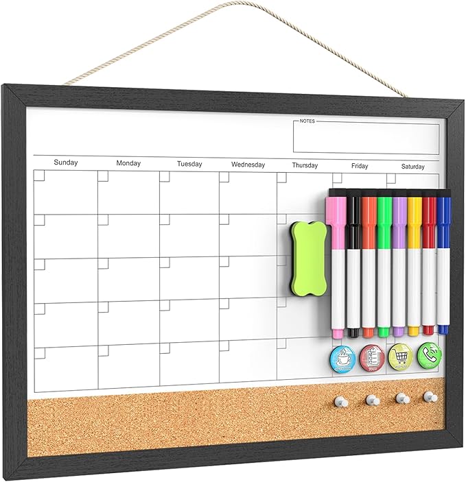 Dry Erase Calendar for Wall, 17"x13" Dry Erase Calendar Cork Board Combo, Magnetic White Board Monthly Calendar with Wood Framed, Hanging Dry Erase Board for Planner Office Kitchen Home Memo