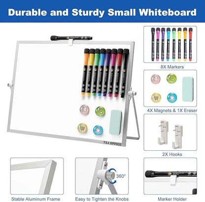 TSJ OFFICE Dry Erase White-Board - 16 X 12 Inches Double Sided Small Magnetic Whiteboard with Hooks for Wall, Portable Mini Desktop Whiteboard 360 Degrees Revolving Stand for Office, Home, School
