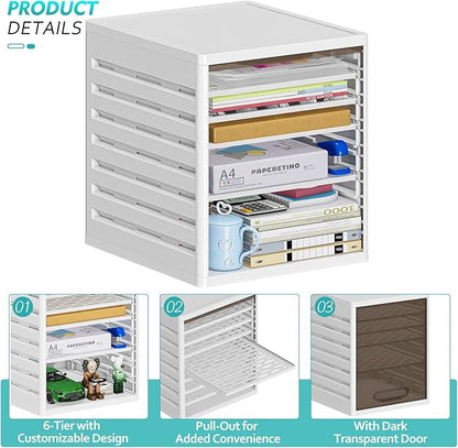 5 Tray Paper Organizer with Doors - Desktop File/Letter Organizer, Plastic Paper Sorter with Drawers for Office, Home or School - Dust-Proof Design