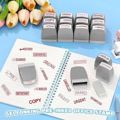 Crtiin 16 Pcs Office Stamp Set Message Self Inking Rubber Stamp Set for Office Stamps Completed Faxed Scanned Stamps for Message Supplies(Red, Grey)