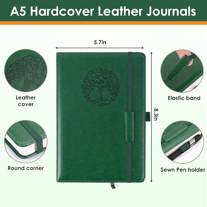 Lined Journal Notebook A5 Hardcover Leather Journals College Ruled Notebooks 300 Pages 5.7 x 8.3 Inches for Women Men School Work,Dark Green