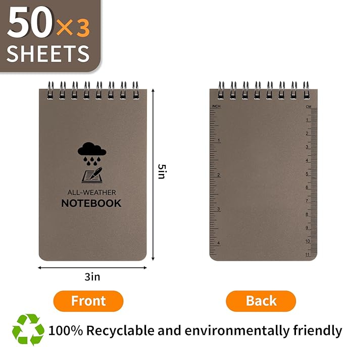 3 Pack Waterproof Notebook, 3 x 5 Pocket Notepad, All Weather Small Pocket Notebook Stone Paper, Mini Spiral Notepad Police Notepad 100 Lined Pages for Outdoor Office