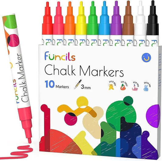 Fine Tip Chalk Markers for Chalkboard, Blackboard, Window, Labels, Bistro, Glass, Car, Board (10 Pack, 3mm) - Wet Wipe Erasable Ink, 3mm Reversible Tip Liquid Chalk Pens