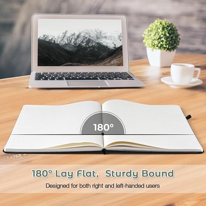 Lined Journal Notebook, 8.5" x 11" Hardcover Leather Notebook for Work, Wide Ruled Notebook Journal for Women Men, 192 Thick Paper, Lay Flat, 2 Pockets, A4 Large Journals for Writing, Green Journal