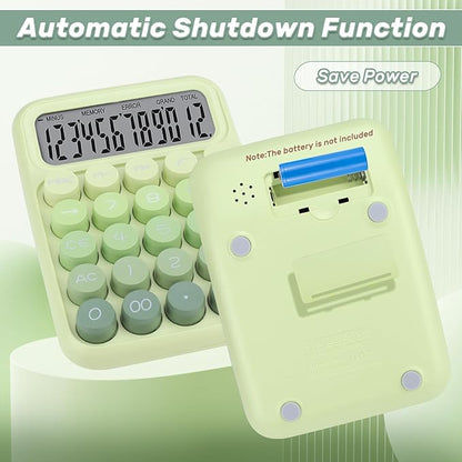 Mechanical Switch Calculator with Big Buttons, 12 Digits, Large LCD Display, Cute Pink Desktop Calculator, Aesthetic School Supplies for Office, School, Home & Business Use, Automatic Sleep (Green)