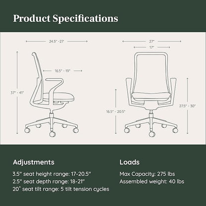 Branch Verve Chair - High Performance Executive Office Chair with Contoured Seat Back and Adjustable Lumbar Rest - High Density Foam Cushion with Aluminum Base - Up to 275 lbs - Galaxy