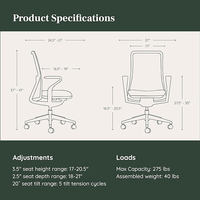 Branch Verve Chair - High Performance Executive Office Chair with Contoured Seat Back and Adjustable Lumbar Rest - High Density Foam Cushion with Aluminum Base - Up to 275 lbs - Lunar