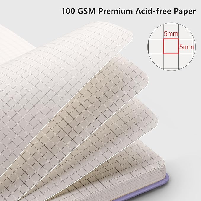 RETTACY Graph Paper Notebook, A5 Grid Notebook Journal with 192 Pages, 5.7'' × 8.3'', Medium Size, Leather Hardcover, 100 GSM Thick Paper, for Students, Homework, Math, Engineering (Purple)