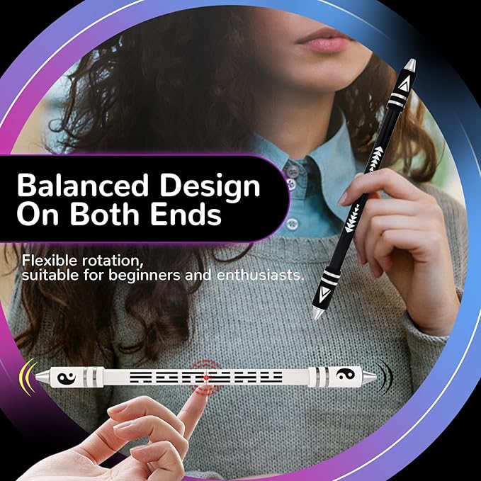 2 Colors Pen Spinning with Silicone Bracelet, Metal Heads Gaming Finger Pen, 8.5In Weighted Rotating Ballpoint Pen, Spinning Pen for Student Adults, No Pen Refill (Black,White)