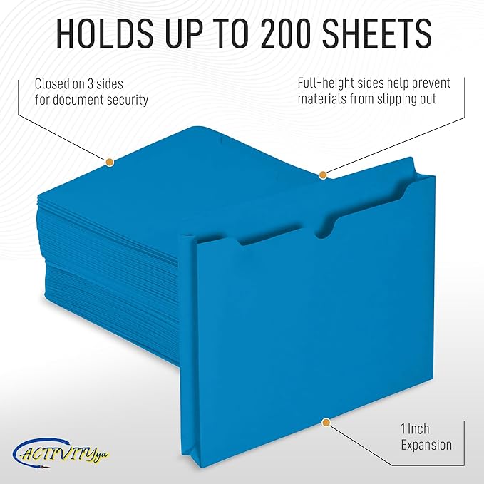 Blue File Jackets, 1 Inch Expansion, Letter Size, Reinforced Straight-Cut Tab, 6 Pack