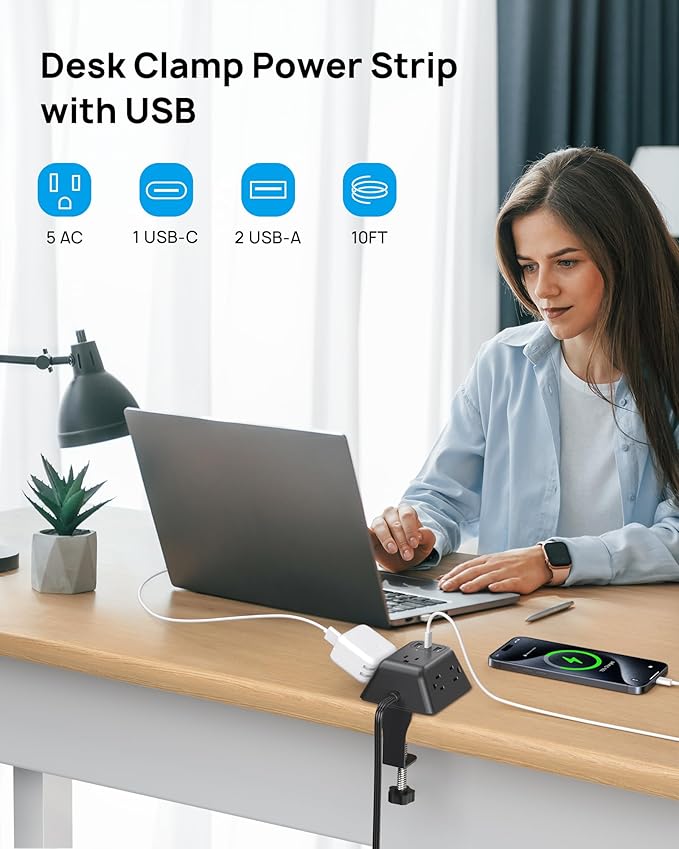 Desk Clamp Power Strip, Surge Protector with 5 AC Outlets and 3 USB Ports, Desk Mount Charging Station, Fit 1.97in Tabletop Edge Thick, 10FT Extension Cord, for Home Office Gaming Accessories