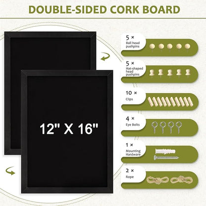 Double-Sided Black Cork Board with Linen, 16" x 12" Hanging Wood Framed Small Bulletin Board, Picture Display Vision Board Kit Corkboards for Wall Room School Office Decor, 20 Pushpins