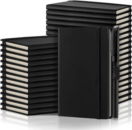 Laumoi 36 Sets Pocket Notebook Journals with Pens A6 Cute Small Journal Notebook Ruled Lined Mini Notepad Hardcover Executive Notebooks Set with Pen Holder for School Office, 3.7 x 5.7 Inch (Black)