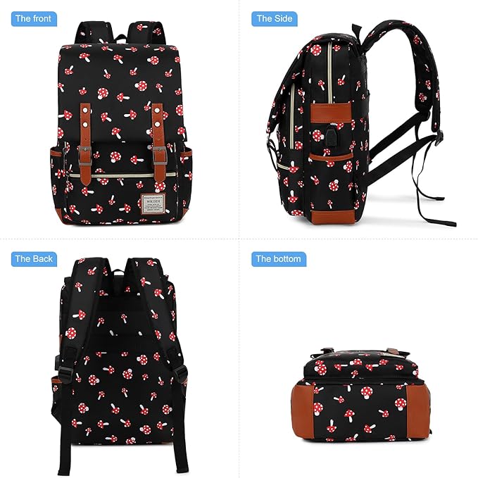 Vintage Travel Laptop Backpack with USB Charging Port, Business Outdoor Sports Bag for Men Women.(Mushroom)