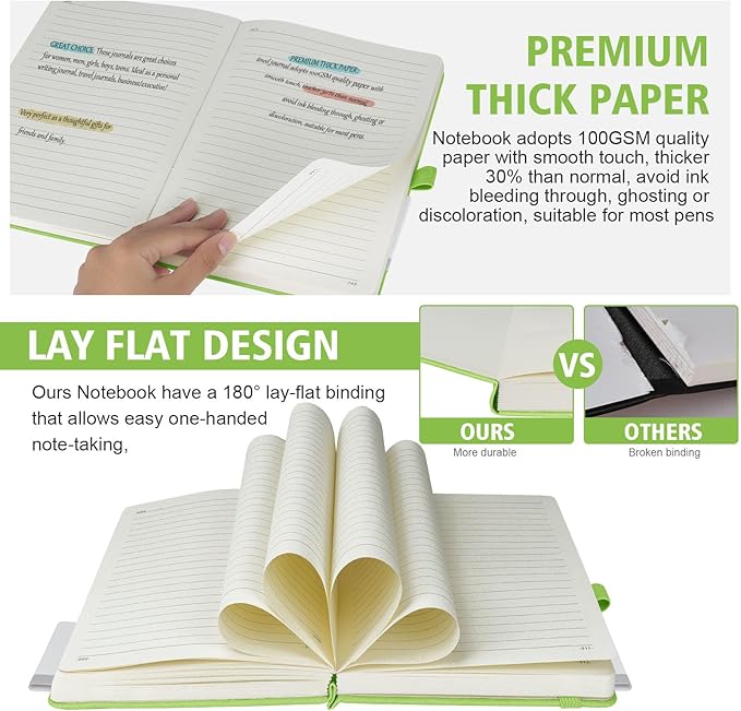 Lined Journal Notebook, 1 Pack (Grass Green), 360 Pages, 9.8 inches x 6.9 inches - 100 gsm Thick Paper, Hardcover