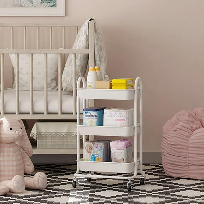 3-Tier White Utility Rolling Cart,Kitchen Storage Carts with Wheels,White Metal Rolling Cart for Office,Home,Kitchen,Garden（18"x11.4"x31.2"）