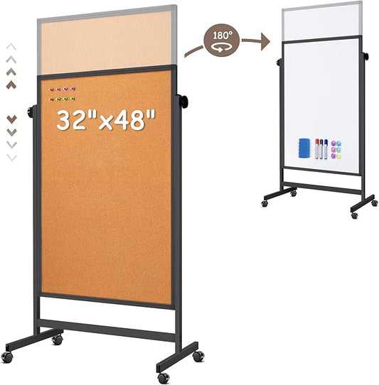 Double Sided Cork Board White Board, 32 x 48 inches Large Cork Board for Office, Height Adjustable Magnetic Dry Erase Board on Wheels, Portable Freestanding Natural Corkboard for Displaying, Planning