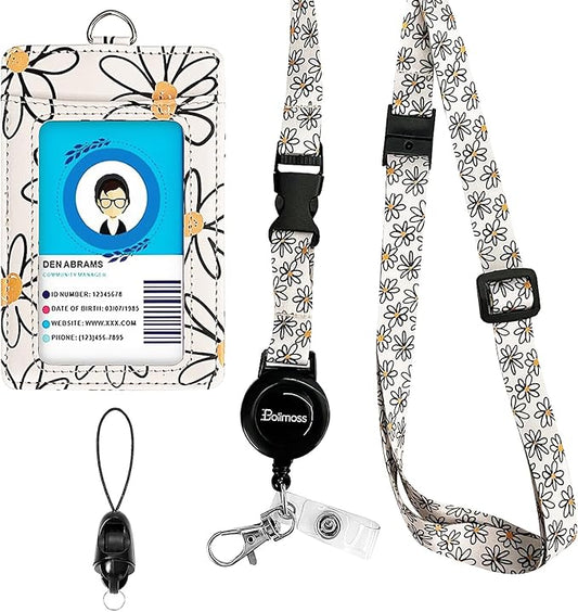 bolimoss Floral ID Name Badge Card Holder, Leather Badge Holder with Adjustable Retractable Lanyards, Breakaway Lanyards with Swivel Metal Clasp for Women Nurse Teacher Student