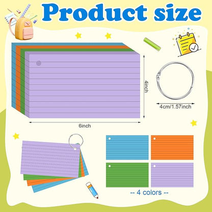 Colored Index Cards 3x5 Inches Flash Cards with Ring Lined Flashcards Heavy Note Cards for Studying School Supplies College, 200 Count