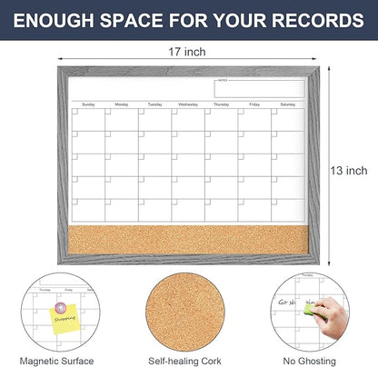 Calendar Whiteboard for Wall, Dry Erase Calendar Whiteboard Cork Board Combo, Magnetic Small White Board, Hanging Dry Erase Board for Kitchen Home Office (Graywashed)